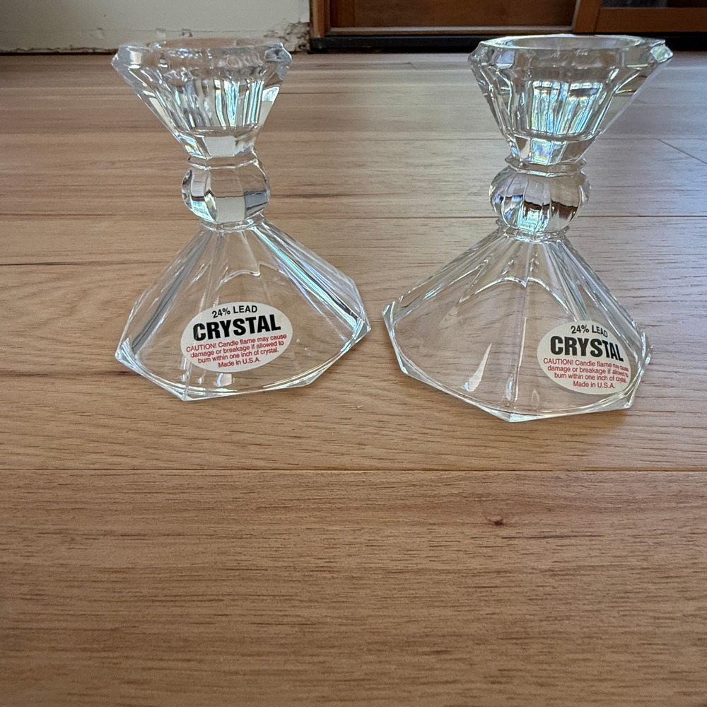 Crystal Taper Candle Holders Pair 5.5in Clear 24% Lead Crystal Made in USA